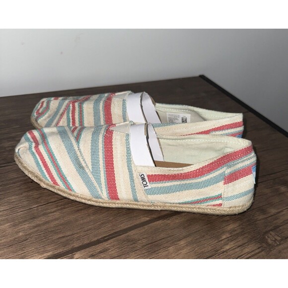 TOMS Slip On Shoe Women's Blue Red Cream Striped Canvas Sneaker Casual Size 11 - Picture 2 of 6